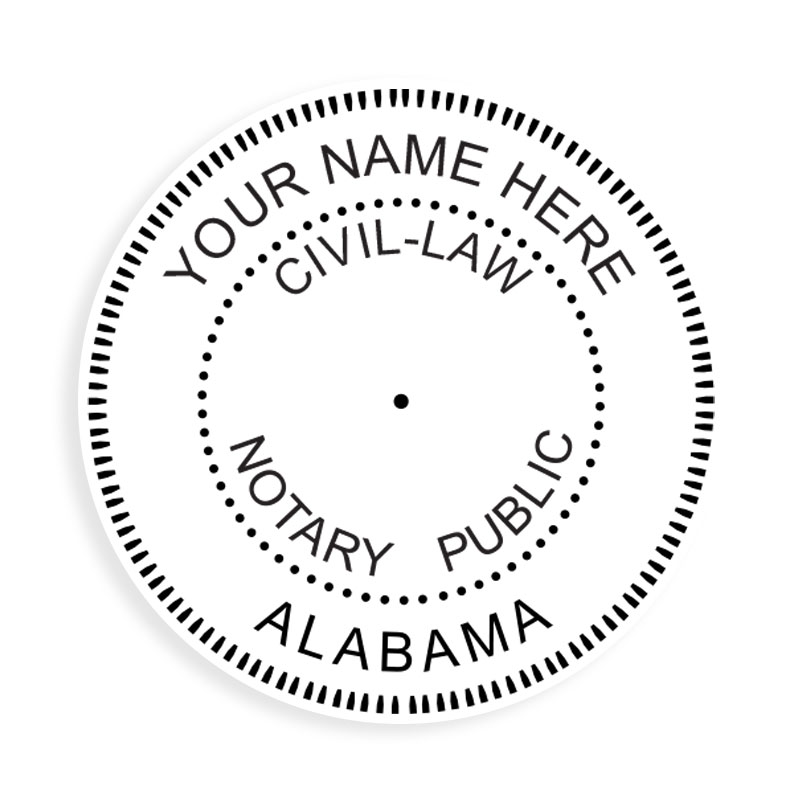 Top quality self-inking Alabama civil law notary round stamp ships in 1-2 days. Meets all state specifications & requirements. Free shipping on orders over $75!