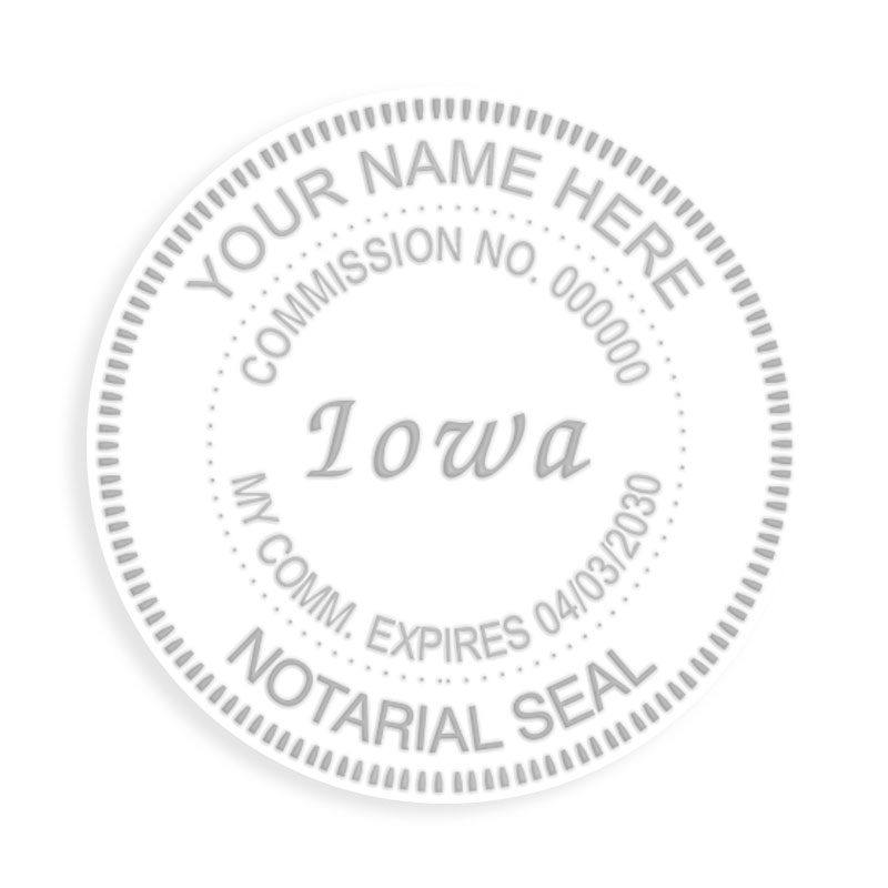 This notary public embosser for the state of Iowa adheres to state regulations, is fully customizable and provides a high quality embossed impressions.