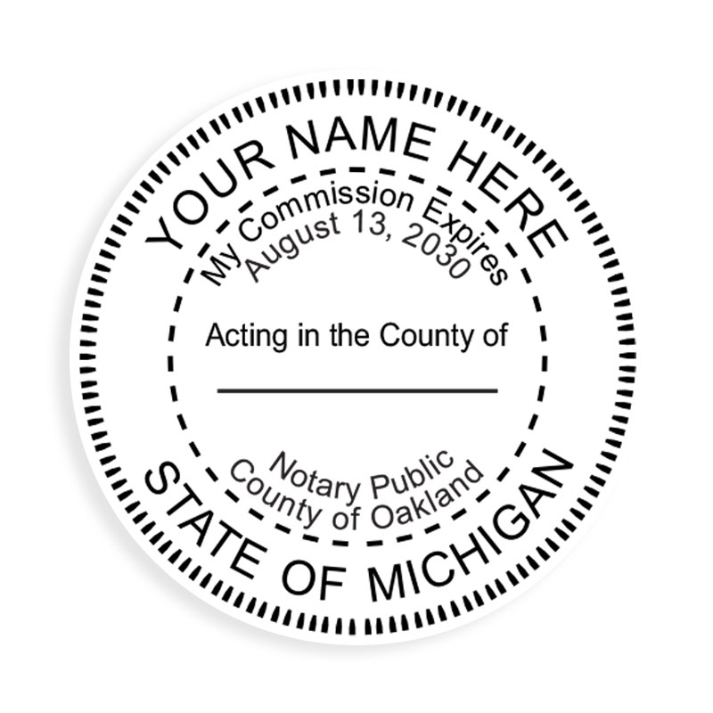 This notary public stamp for the state of Michigan adheres to state regulations and provides top quality impressions. Orders over $75 ship free!