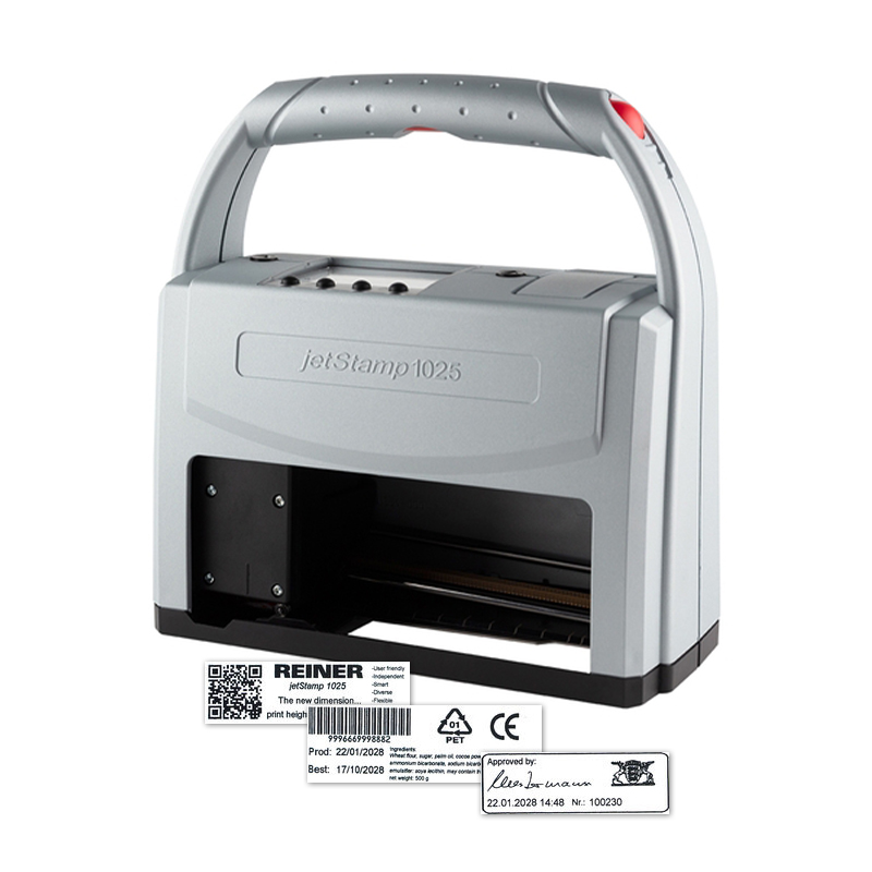 The jetStamp 1025 electronic stamp prints graphics, barcodes & alphanumeric text. This is the largest jetStamp on the market w/ print area up to 1″ x 3 1/2″.