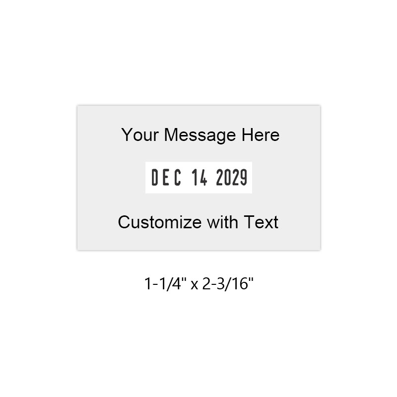 Personalize this 1-1/4" x 2-3/16" date stamp free with up to 4 lines of text in 11 ink color options. Great for office use. Ships in 1-2 business days!