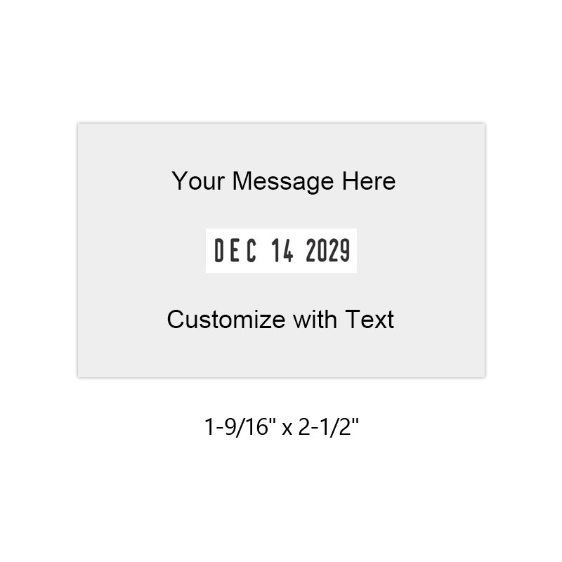 Personalize this 1-9/16" x 2-1/2" date stamp free with up to 6 lines of text in 11 ink color options. Great for office use. Ships in 1-2 business days!