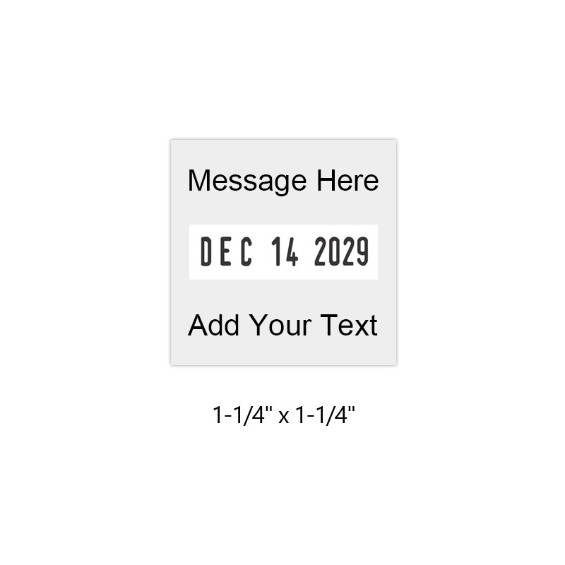 Personalize this 1-1/4" square date stamp free with up to 4 lines of text in your choice of 11 ink colors. Great for office use. Ships in 1-2 business days!