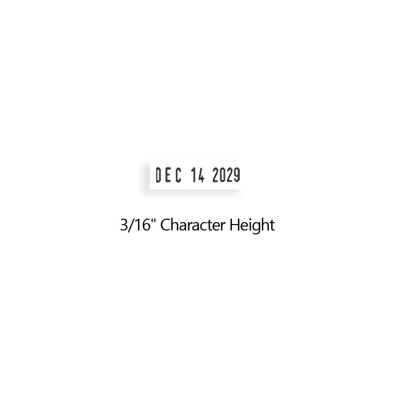 Stock traditional date stamp has a 3/16" character height, approx 18 pt. font size with 12 year bands. Use with separate ink pad. Orders over $75 ships free!