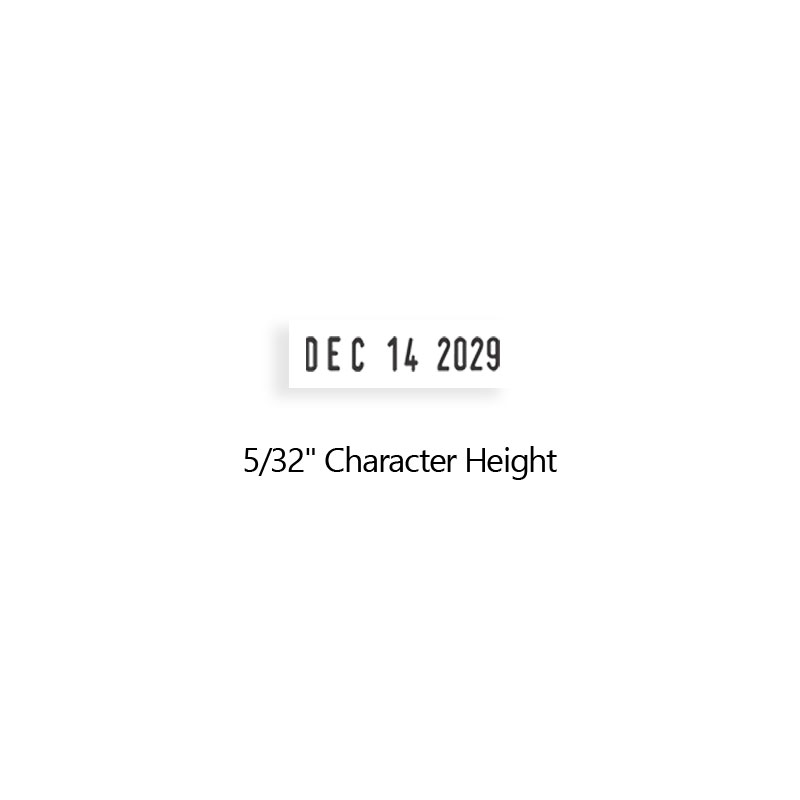 Stock traditional date stamp has a 5/32" character height, approx 15 pt. font size with 12 year bands. Use with separate ink pad. Orders over $75 ships free!