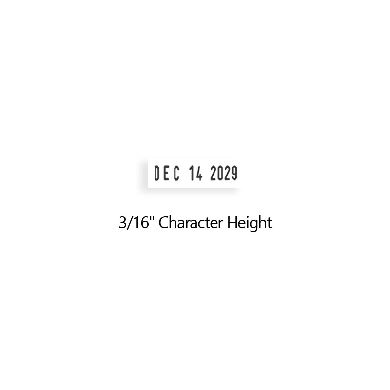 Stock traditional date stamp has a 1/8" character height, approx 12 pt. font size with 12 year bands. Use with separate ink pad. Orders over $75 ship free!