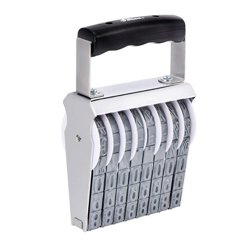 Stock traditional numbering stamp has a 9/16" character height, approx. 56 pt., with 8 bands. Use with ink pad sold separately. Ships in 5-7 business days!