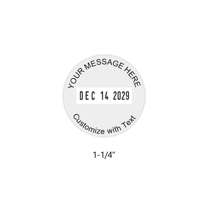 Personalize this 1-1/4" round date stamp free with up to 4 lines of text in your choice of 11 ink colors. Great for office use. Ships in 1-2 business days!