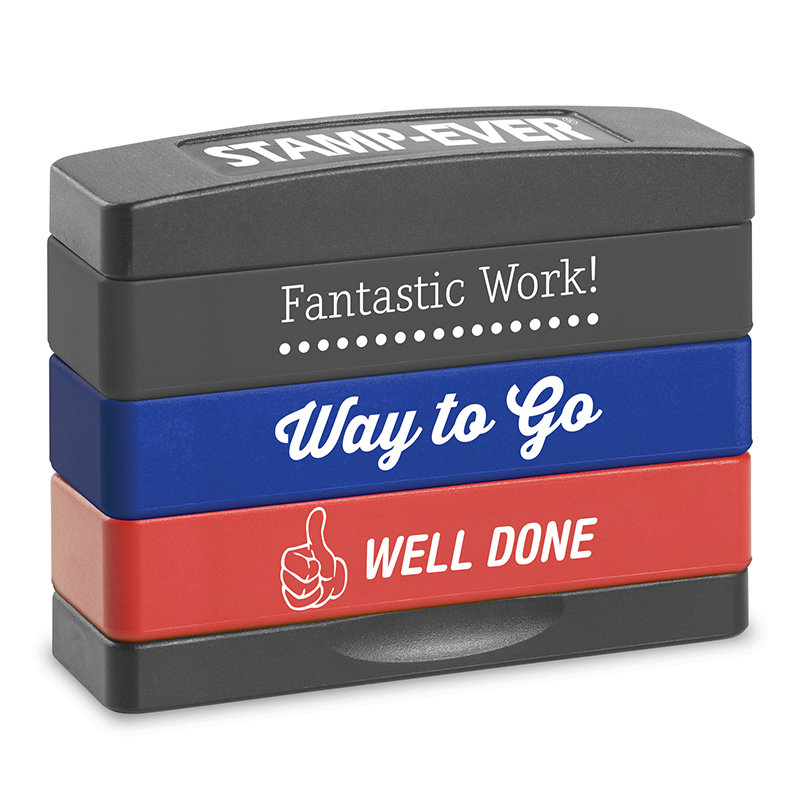 Trodat pre-inked Stakz stamps for teachers. Three impressions: Fantastic, Way To Go, and Well Done all in one convenient interlocking stamp. Fast shipping.