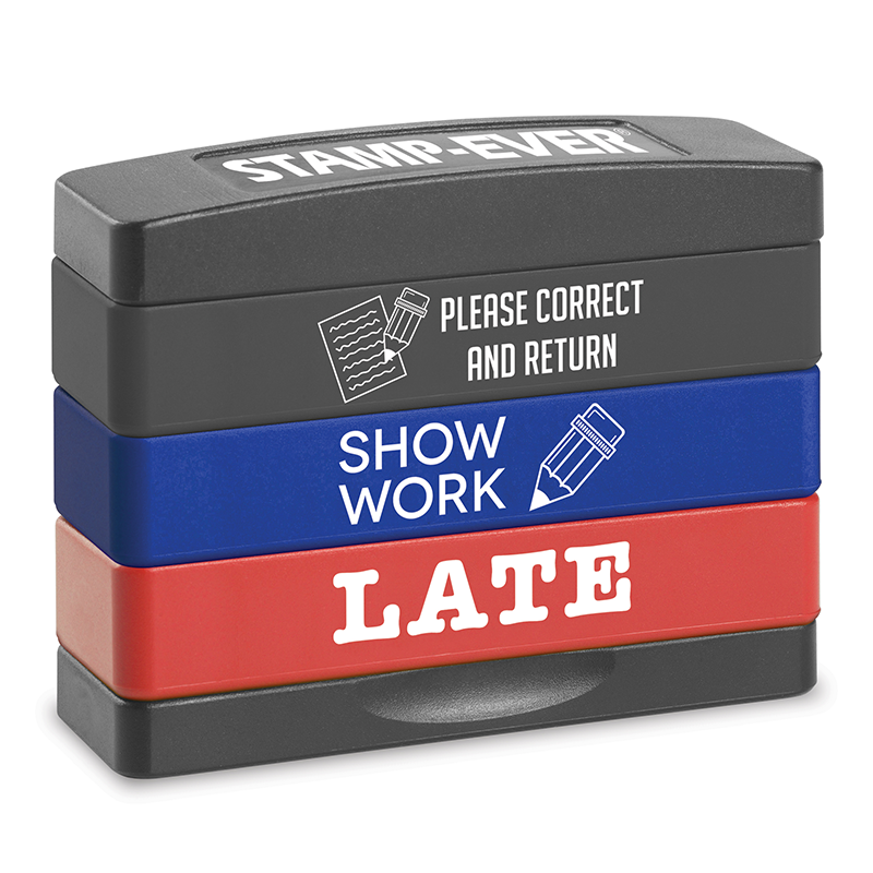 Trodat 3-pack Stakz teacher stampers. Convenient interlocking case. Easy to use impressions including Correct & Return, Show Work and Late. Fast shipping.