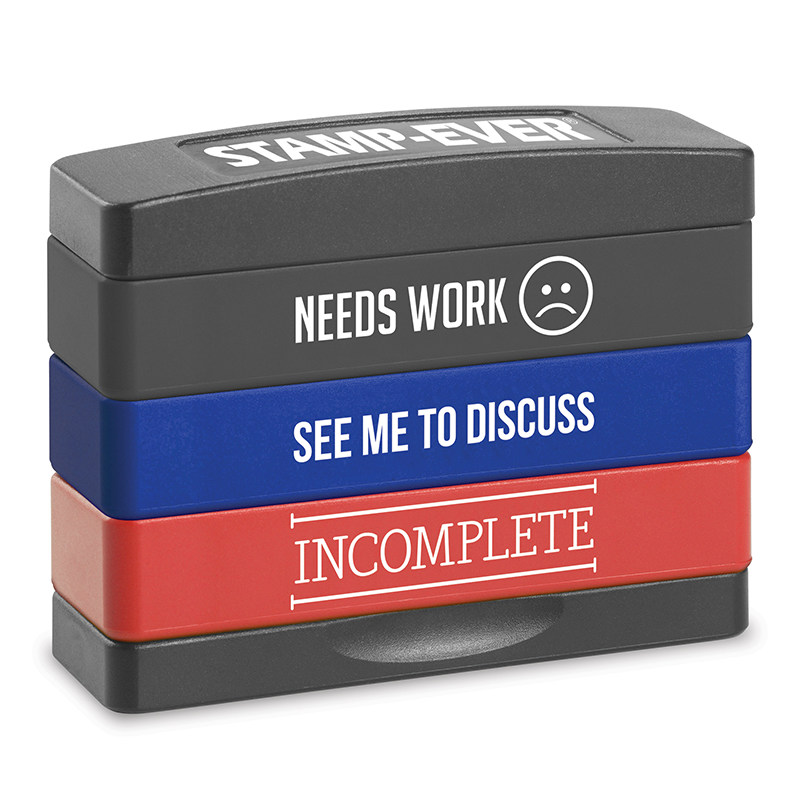 3-pack teacher stamps in one convenient interlocking case. Stakz stamps for easy to use impressions including Needs Work, See Me To Discuss and Incomplete.