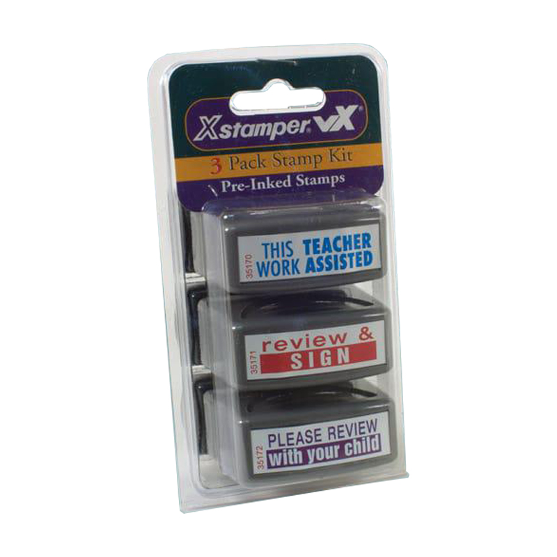 3 pre-inked rubber stamps for teachers/schools. THIS WORK TEACHER ASSISTED, REVIEW & SIGN, PLEASE REVIEW WITH YOUR CHILD. Refillable w/ Xstamper ink.