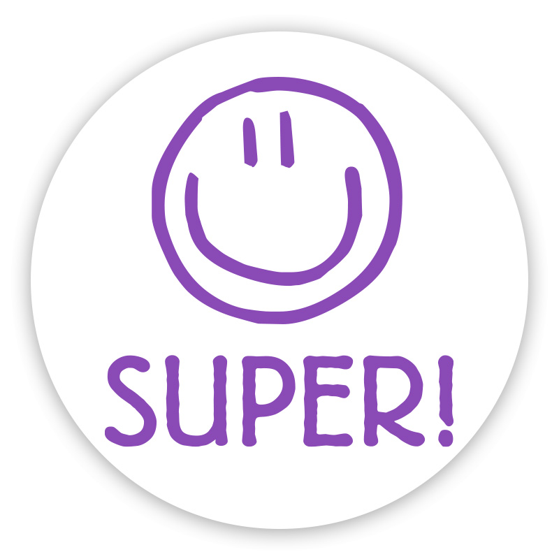 Super with smiley face round self-inking rubber stamp available in 4 sizes and 11 different ink colors. Refillable with Ideal ink. Orders over $100 ship free.