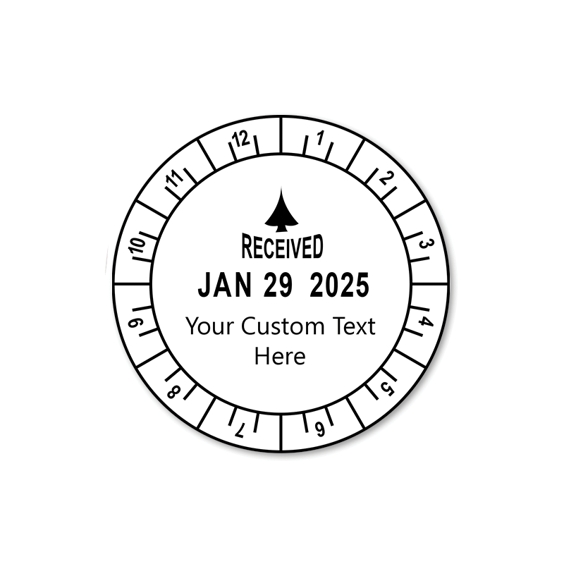 Personalize this Trodat 12 hour date & time stamp w/ your own custom text! Impression is 2" in diameter w/ rotating dial for time. Orders over $75 ship free!