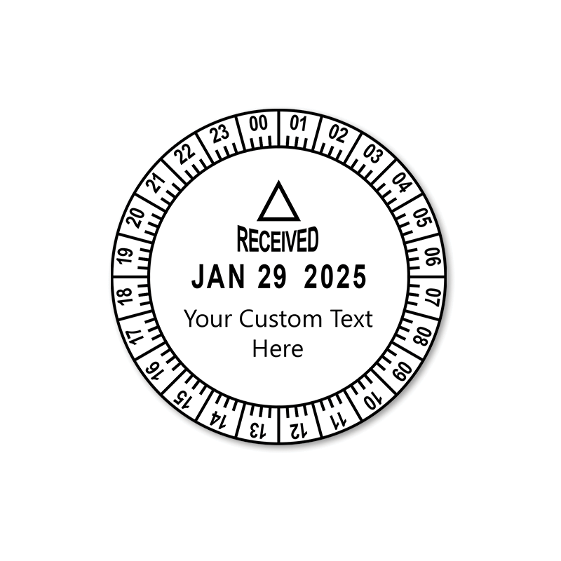 Personalize this Trodat 24 hour date & time stamp w/ your own custom text! Impression is 2" in diameter w/ rotating dial for time. Orders over $75 ship free!