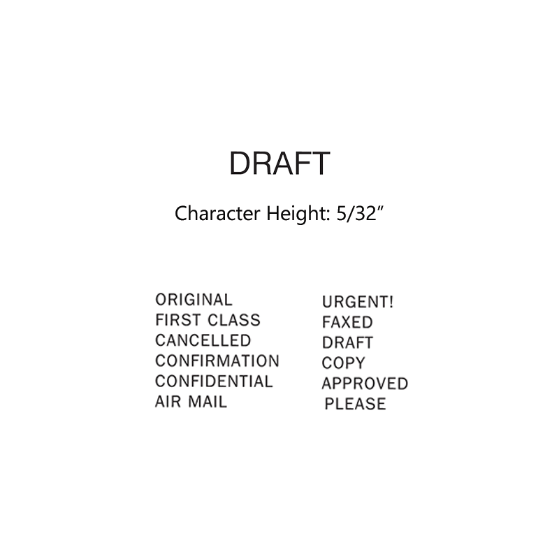 This stock dial-a-phrase stamp has a character height of 5/32" & includes 12 different phrases. Re-inkable, durable & long lasting. Orders over $75 ship free!