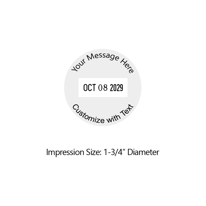 Create a round 1-3/4" self-inking dater with 4 lines of your own text. Choose from 11 ink colors or a 2-color pad option. Fast & free shipping over $75!