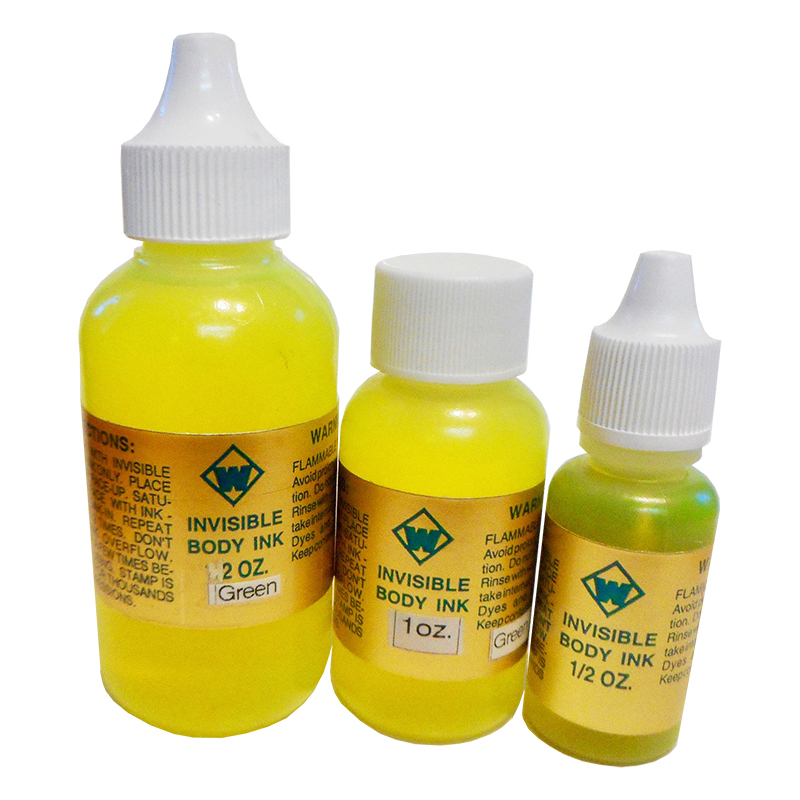 UV Invisible Ink Refills are great for stamping skin at events, amusements parks, casinos & more! Available in 5 bottle sizes & 2 ink colors. Orders over $75 ship free!