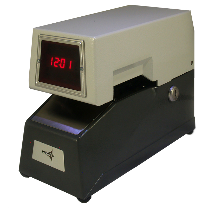 Widmer T-3 Electronic Time & Date Stamp, LED is compact & features lighted digital time display. Refillable w/ ribbon. Custom text die plates sold separately.