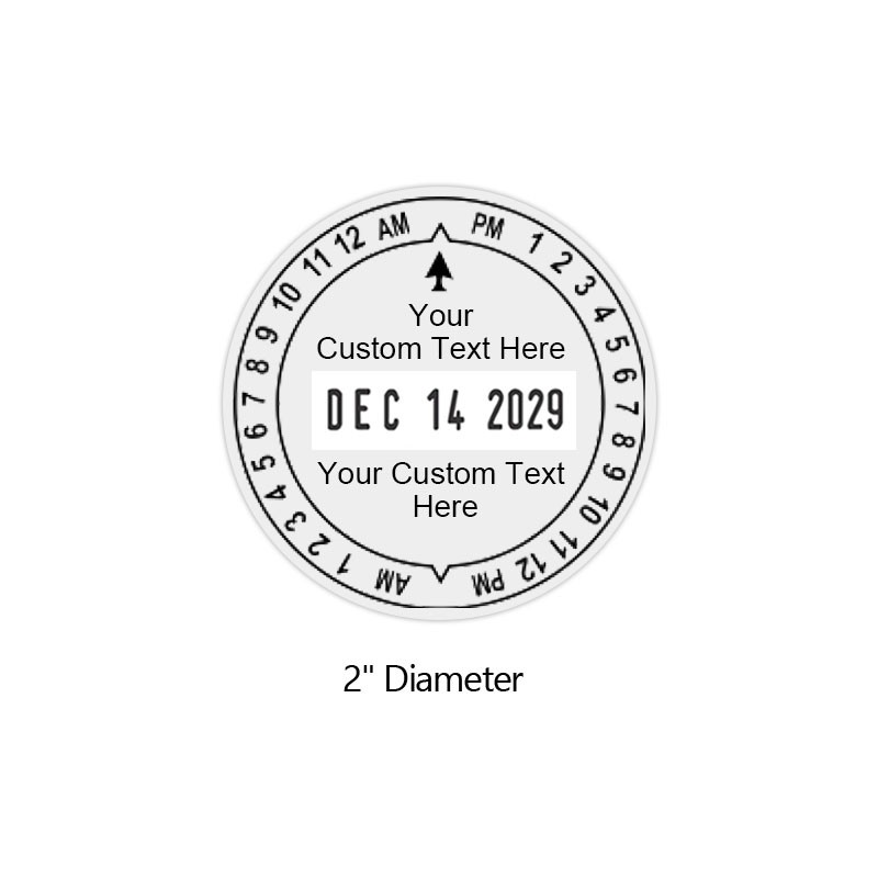 Personalize this Xstamper 12-hour pre-inked date & time stamp with your own custom text! Impression is 1-5/8" in diameter. Orders over $100 ship free!