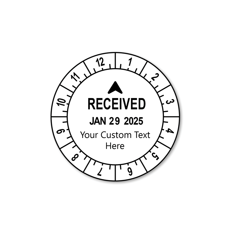 Personalize this 12 hour date & time stamp with your own custom text! Impression is 1-5/8" in diameter with rotating dial for time. Orders over $75 ship free!