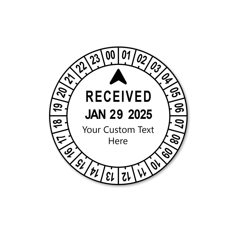 Personalize this 24 hour date & time stamp with your own custom text! Impression is 2" in diameter with rotating dial for time. Orders over $75 ship free!