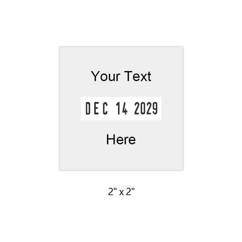 Customize this 2" square non-self-inking dater w/ up to 4 lines of text or logo above/below date. Use with ink pad sold separately. Orders over $75 ship free!