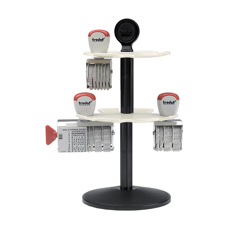 This heavy duty stamp rack will hold up to 14 stamps (non-self-inking & small daters) Metal rack rotates with ease & allows a clutter-free space.