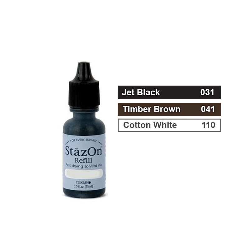 This StazOn Permanent refill ink comes in a choice of 3 ink colors. It dries in seconds & great for porous & non-porous surfaces. 1 bottle will refill 3-4 pads.